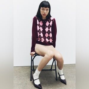 Zara 100% wool Argyle knit cardigan